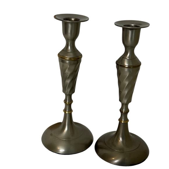 Vintage Silver Tone Metal Candlesticks Pair 10″ Twisted Stem Taper Holders - Picture 5 of 6